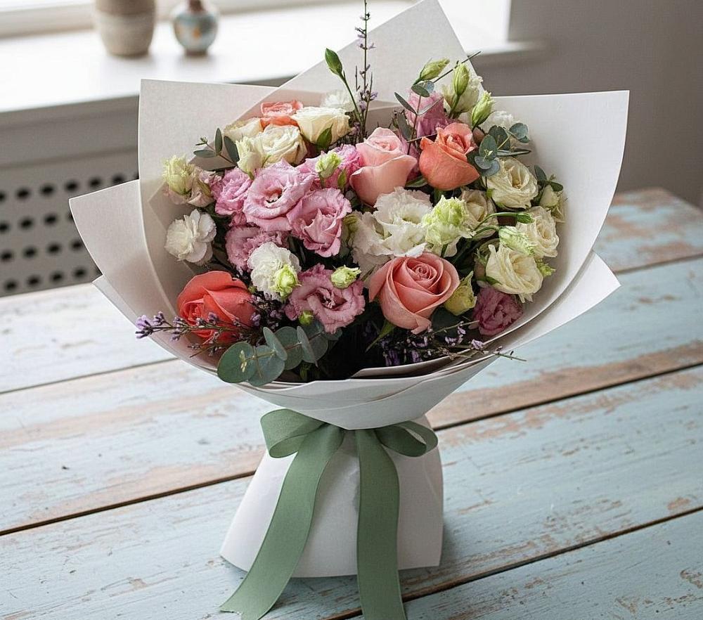 Букет цветов из: Розы, Лизиантусы и Гвоздики в Балахне