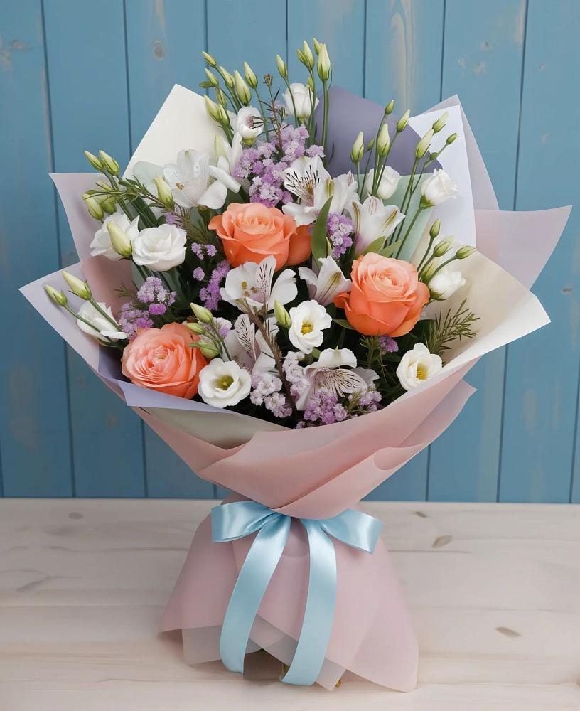 Букет цветов из: Лизиантусы, Розы, Альстромерии и Гипсофила в Балахне