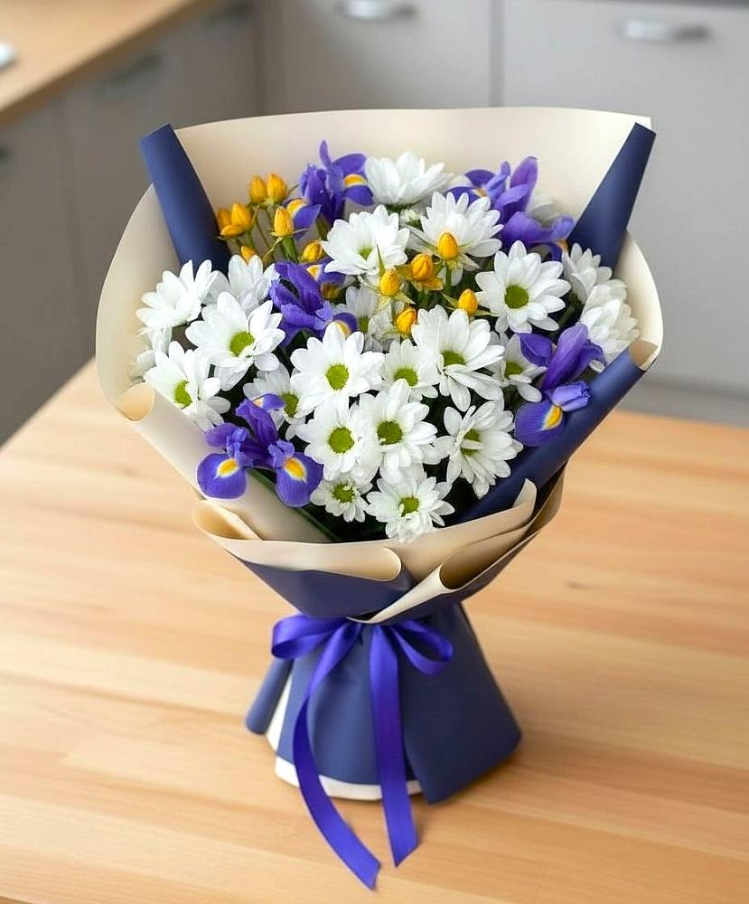 Букет цветов из: Розы, Ирисы и Хризантемы в Балахне